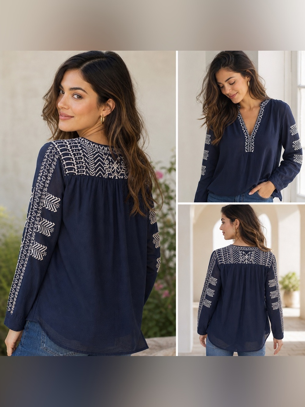 Anthropologie Addie Embroidered Boho Peasant Tunic Top Sz M Navy White V Neck